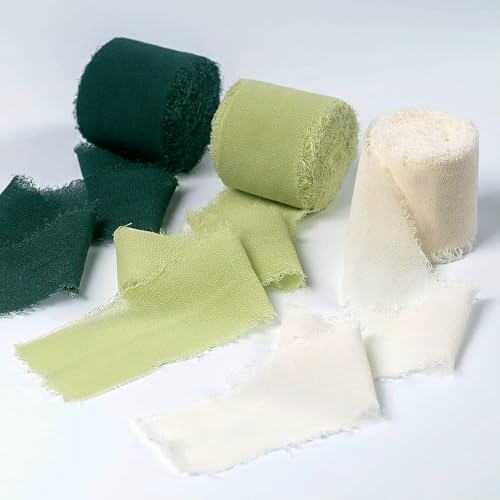 Mix 3 Rollen 5 m handgefertigtes Fransenband Chiffon Seidenband Gaze weiß & grün Bänder Set für Hochzeitsgeschenke Verpackung DIY Dekorationen von AUCBGJQCPM