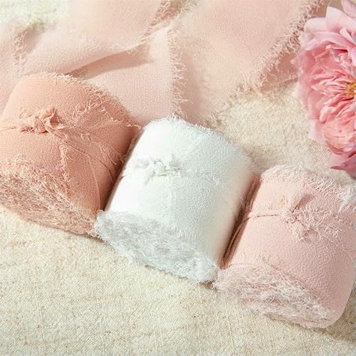 Mix 3 Rollen 5 m handgefertigtes Fransenband Chiffon Seidenband Gaze weiß & grün Bänder Set für Hochzeitsgeschenke Verpackung DIY Dekorationen von AUCBGJQCPM