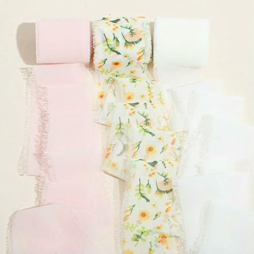 Mix 3 Rollen 5 m handgefertigtes Fransenband Chiffon Seidenband Gaze weiß & grün Bänder Set für Hochzeitsgeschenke Verpackung DIY Dekorationen von AUCBGJQCPM