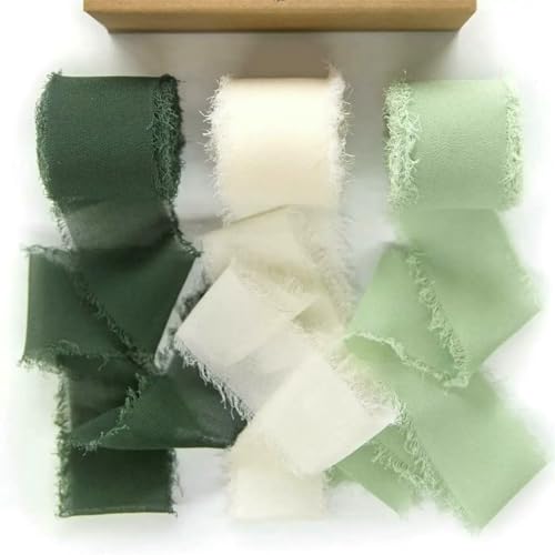 Mix 3 Rollen 5 m handgefertigtes Fransenband Chiffon Seidenband Gaze weiß & grün Bänder Set für Hochzeitsgeschenke Verpackung DIY Dekorationen von AUCBGJQCPM