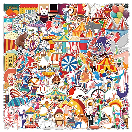 100 Stück Zirkus Aufkleber Pack Bunte Zirkusmuster Sticker Set Wasserdichte Vinyl Sticker für Laptop Kinder Autos Motorrad Fahrrad Skateboard Gepäck Koffer Computer Aufkleber Graffiti Decal von AUCEKO