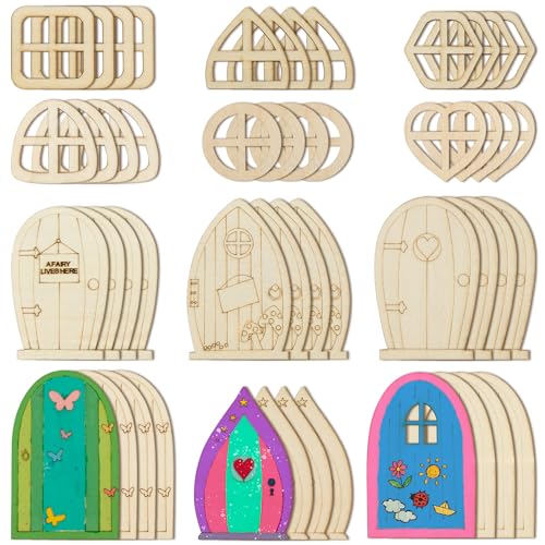 AUEAR, 48 Stück Feentür Miniatur Holz Gartentüren Fenster Unfertige Feenfenster Zubehör Unlackiert Mini Feenhaus DIY Handwerk für Wand Home Party Dekoration (Stil B) von AUEAR