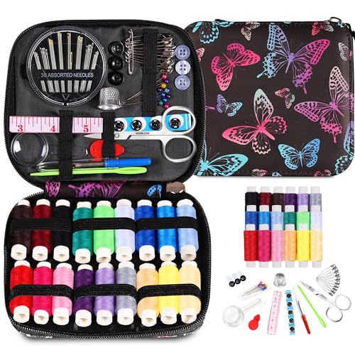 Nähset für Erwachsene, Nadel- und Faden-Set zum Nähen mit Schmetterlings-Reißverschluss-Etui, 18 Farbfäden, tragbares Basis-Handnäh-Reparatur-Set für Anfänger, Reisende, Notfall, DIY, Schnellreparatur von AUERVO