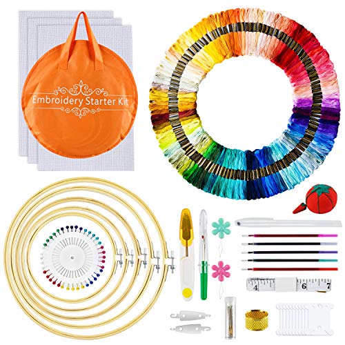 AUERVO Stickset, Kreuzstich-Set mit 120 Knäueln, 5 Bambus-Stickrahmen, 3 Aida-Tuch, 40 Nähnadeln, Starter-Set mit tragbarer Tasche für Erwachsene und Anfänger von AUERVO