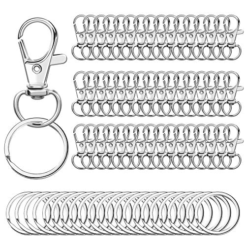 100 Stück drehbare Karabinerhaken mit Schlüsselringen, 50 Stück Schlüsselanhänger-Clip-Haken und 50 Stück Schlüsselringe, Schmuck, Kunsthandwerk (Silber) von AUGSUN