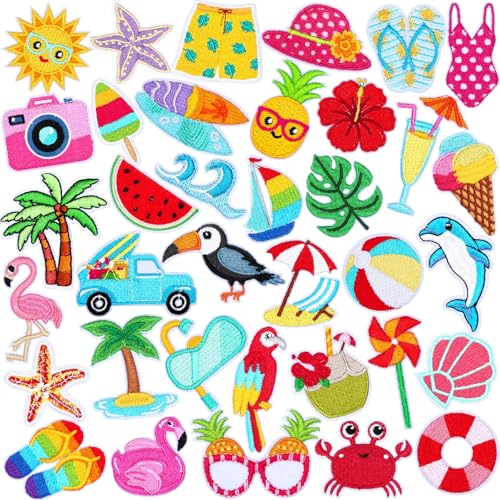 36 Stück Sommer Bügelbilder Strand Thema bestickt Aufnäher Applikation hawaiianische tropische Bikini Kokosnuss Sonnenbrille Reparatur Patch DIY Handwerk für Kleidung Jacke Jeans Hosen Kleid Rucksack von AUGSUN