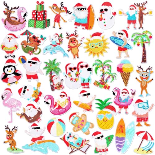36 Stück Sommer Weihnachten Bügelbilder Weihnachten im Juli Strandthema bestickte Aufnäher Applikation hawaiianische tropische Reparatur Patch DIY Handwerk für Kleidung Jacke Jeans Hosen Kleid von AUGSUN
