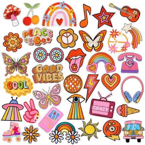 AUGSUN 36 Stück Hippie-Stickerei Patches zum Aufnähen oder Aufbügeln, zufällige Stile für Mädchen, Jungen und Frauen, süße Patches zum Aufnähen für Rucksäcke, Hosen, Kleidung, Jeans von AUGSUN