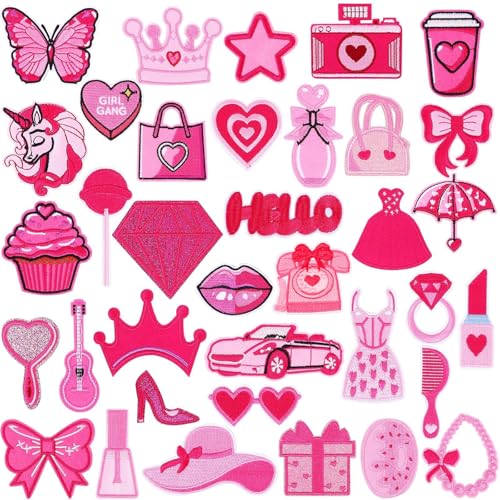 AUGSUN 36 Stück Hot Pink bestickte Flicken zufällig sortierte Stile rosa Thema zum Aufbügeln für Mädchen DIY Nähen Applikation Reparatur Patch Niedlich Nähen auf Patches für Rucksäcke Hosen Kleidung von AUGSUN