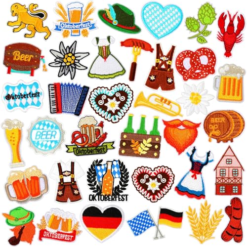 AUGSUN 36 Stück Oktoberfest-Aufnäher zum Aufbügeln, bayerischer Stil, bestickte Applikation zum Aufnähen, Münchner Bierfest-Pfeffer-Reparaturflicken, DIY-Basteln für Kleidung, Jacken, Dekorationen von AUGSUN