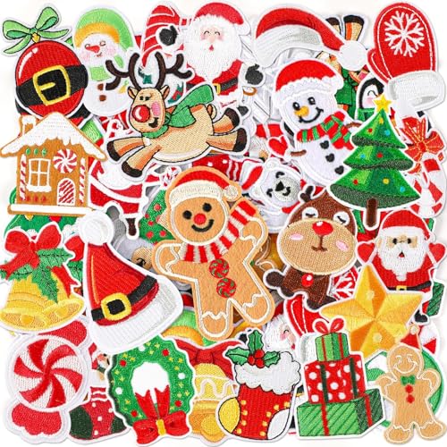 AUGSUN 60 Stück Weihnachts-Patches zum Zufallsprinzip, verschiedene Weihnachtsstile, Stickerei zum Nähen, Reparaturflicken für Weihnachtsmann, Weihnachtsbaumkranz, Schneemann, Elch, Engel, Rentier von AUGSUN