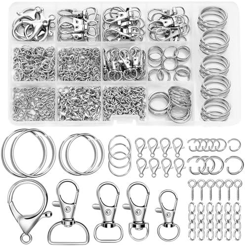 AUGSUN Schlüsselanhänger-Bastelset, 450-teiliges Schlüsselanhänger-Bastelset inklusive Schlüsselanhänger-Clips, Schlüsselband-Karabinerhaken, Karabinerverschlüsse, Schlüsselringe, Biegeringe und Ösens von AUGSUN
