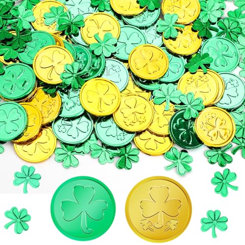 AUGSUN St. Patrick's Day Dekorationen Kleeblatt-Münzen, 60 Stück Gold Grün Gute Glücksmünzen Kunststoff Irische 3-blättrige Kleeblatt-Münzen für St. Patricks Day Dekorationen Partyzubehör von AUGSUN