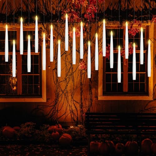 10 Stück Schwebe-Kerzen LED mit Zauberstab-Set – Weiße Plastik Schwimmende Kerzen, 6-Stunden Timer, Flackerlicht – Inkl. Klebepunkte, Haken & Spule (Batterien nicht enthalten) von AUINSKY