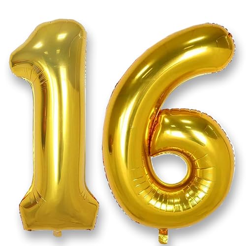 AULE Luftballon Zahl 16 Gold: XXL 101 cm Zahlen Folienballon Geburtstag Gold 61 Jahre 40 Zoll Helium Ballon Kinder Junge Mädchen Zahlenballon für Babyparty Jubiläum Deko von AULE