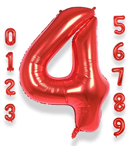 AULE Luftballon Zahl 4 Rot: XXL 101 cm Zahlen Folienballon Geburtstag Rot 4 Jahre 40 Zoll Helium Ballon Kinder Junge Mädchen Zahlenballon für Babyparty Jubiläum Deko von AULE