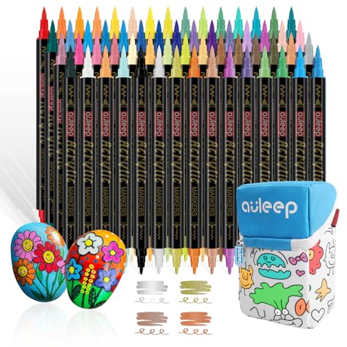 AULEEP Acrylstifte Set 36 Farben (6 Metallic Stiftes Inklusive) Dual Tip (Pinsel & feine Spitze) Acrylic Maker für Steine Wasserfest zum Keramik/Leinwand/Holz/DIY/Bemalen Kunst für Kinder & Erwachsene von AULEEP