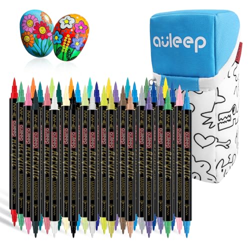 AULEEP Acrylstifte Set 60 Farben (10 Metallic Stiftes Inklusive) Dual Tip (Pinsel & feine Spitze) Acrylic Maker für Steine Wasserfest zum Keramik/Leinwand/Holz/DIY/Bemalen Kunst für Kind & Erwachsene von AULEEP
