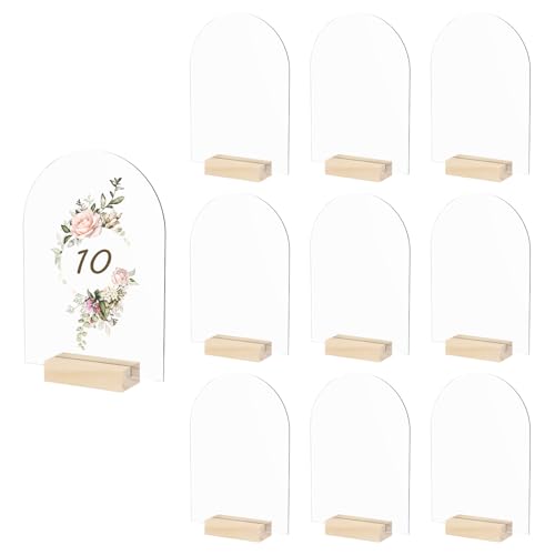 10 Stück Acrylplatte Transparent,Bogen Acryl Schild,17.8 x 12.6CM,Tischkarten Hochzeit,Wiederverwendbar Tischnummern,Holzsockel für Acrylglas,für Dekoration,Party,Jubiläum(transparente) von AULSAM
