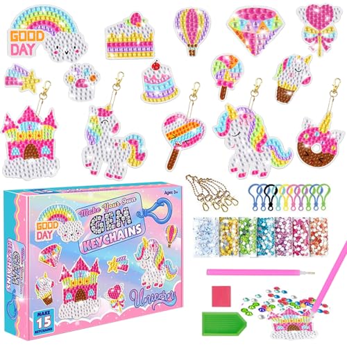 AUNGKWANG 5D Diamond Painting Schlüsselanhänger, 15 Stück DIY Einhorn Diamond Painting Anhänger Ornamente, für Mädchen Kinder Kleinkinder im Alter von 6-12 Jahren von AUNGKWANG