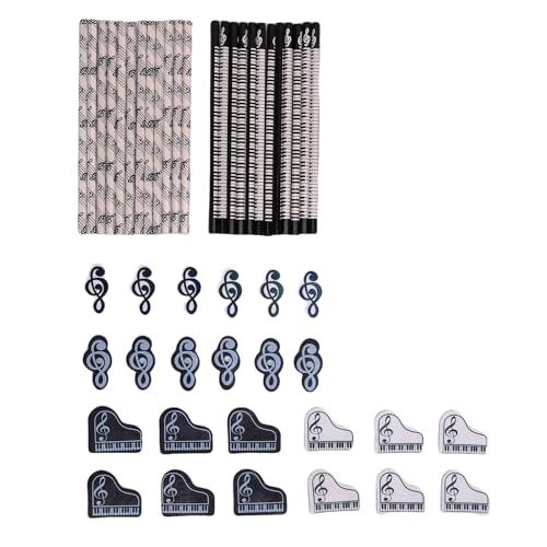 AUNMAS Bleistiftegummis Set Music Note Klavier Keyboard Holz Sechseckig mit 24 Stiften und 24 Radiergummi, Premiumholz und Gummi -Schreibwaren, Ideales für Künstler von AUNMAS