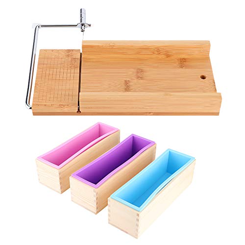 AUNMAS Seifenherstellung Kit, Manueller Seifenschneider mit Skala 1200 Ml 3 Farb Silikonseife mit Holzkasten Zum Herstellen von Kuchenbrot von AUNMAS