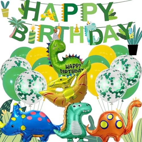 22 Stück Dino Geburtstag Deko Set Dinosaurier Folienballons mit Happy Birthday Girlande Luftballons Grün Gelb Dino Party Kindergeburtstag für Dinosaurier Dschungel Party Geburtstag Dekoration Junge von AUPERTO