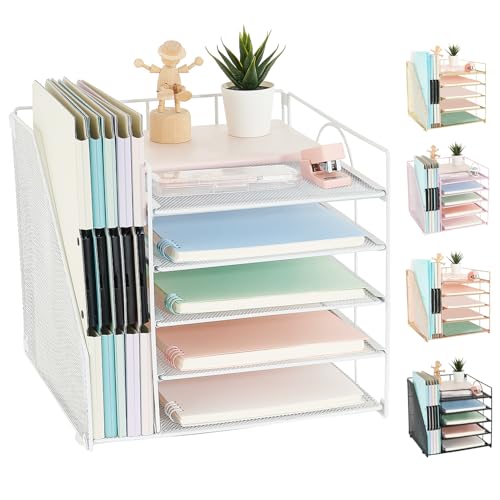 AUPSEN Schreibtisch-Organizer mit Aktenhalter, 5 Ablagen, Papier-Briefablage, Netz-Schreibtisch-Organizer und Zubehör für Heimbüro (weiß) von AUPSEN