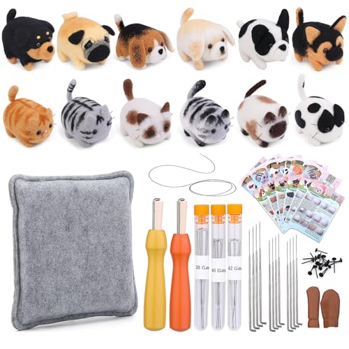 AURAFUL Nadelfilz-Set, 12-teilig, gefilztes Tier-Nadelfilz-Set, Hunde und Katzen, Puppen, DIY-Nadelfilz-Zubehör, Mazon mit Wollroving, Bedienungsanleitung (evtl. nicht in deutscher Sprache), von AURAFUL
