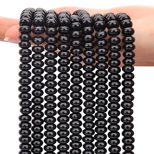 AUREHEN 2 Stränge (150 Stück) schwarze Obsidian-Rondelle-Perlen, 5 x 8 mm große Edelstein-Abstandshalter, Abakus-Scheibenperlen für DIY-Armbänder, Halsketten, Ohrringe, Schmuckherstellung von AUREHEN