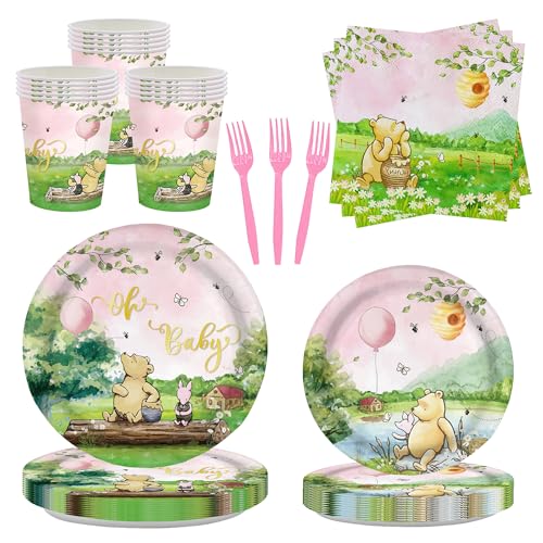 AURORAPARTY 120pcs Winnie Bear Baby Shower Decorations Pooh Plates Girls Birthday Party Supplies Vintage Bear Cups Baby Newborn Pink Disposable Paper Tableware Set for 24 Guests von AURORAPARTY