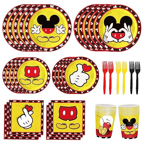 AURORAPARTY 150pcs Mickey Birthday Party Supplies Mouse Party Paper Plates Napkins Cups Forks for kids 1st 2nd Birthday Decorations Severs 30 Guests von AURORAPARTY