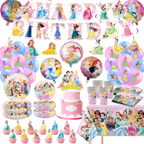 Prinzessin Geburtstag Party Dekorationen Kit, Prinzessin Party Supplies Enthält Banner, Luftballons, Pappteller, Servietten, Pappbecher, hängende Wirbel, Tischdecke von AURSWIF