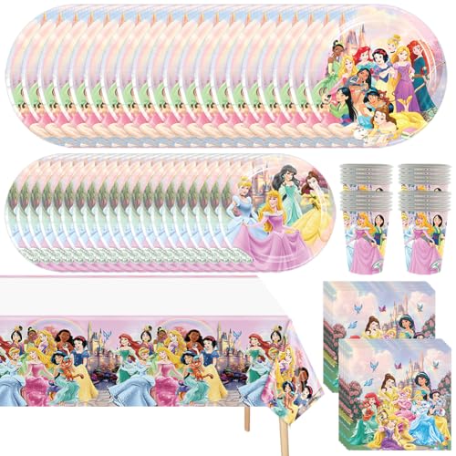Prinzessinnen-Party-Geschirr-Set, 82-teiliges Prinzessinnen-Geburtstagszubehör, enthält 40 Teller, 20 Servietten, 20 Becher, 2 Tischdecke für Geburtstagsparty-Dekorationen von AURSWIF