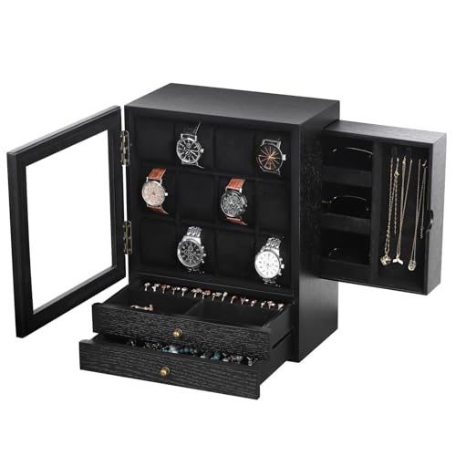 AUTOARK MKAW081 Schmuckschatulle aus Holz mit Glasfront, vertikale Vitrine mit 12 Fächern, Samtfutter, Kommode Organizer für Männer und Frauen, platzsparende Sonnenbrillen-Aufbewahrung, Schwarz von AUTOARK