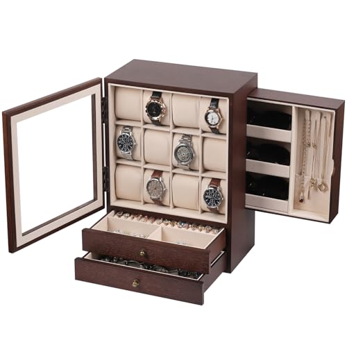 AUTOARK MKAW083 Schmuckschatulle aus Holz mit Glasfront, vertikale Vitrine mit 12 Fächern, Samtfutter, Kommode Organizer für Männer und Frauen, platzsparende Sonnenbrillen-Aufbewahrung, Braun von AUTOARK