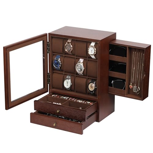 AUTOARK MKAW085 Schmuckschatulle aus Holz mit Glasfront, vertikale Vitrine mit 12 Fächern, Samtfutter, Kommode Organizer für Männer und Frauen, platzsparende Sonnenbrillen-Aufbewahrung, Kaffee, von AUTOARK