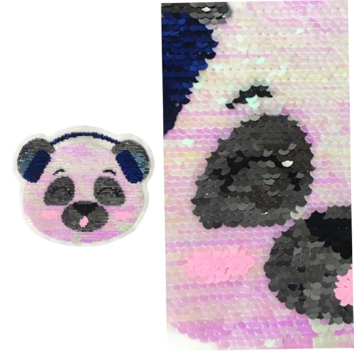 AUTSUPPL 2 Stück Reversible Pailletten stickerei Applikationen Ohrhörer Panda Motiv Bunte Farbwechsel Stoffaufnäher für Kleidung DIY Textil Sticker von AUTSUPPL