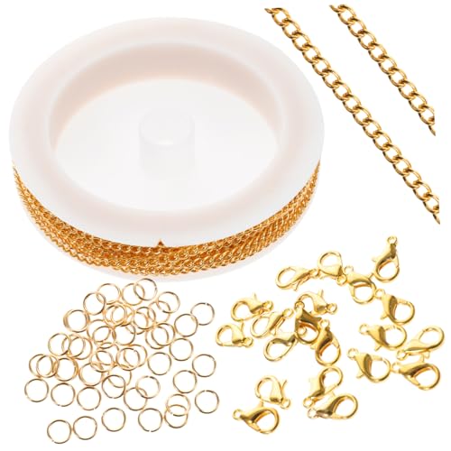 AUTSUPPL DIY Schmuckzubehör mit Metallkette Karabinerverschluss und Offenen Ringen Vielseitige Gliederkette für Halsketten und Armbänder Glatte Oberfläche Langlebig Goldfarben von AUTSUPPL