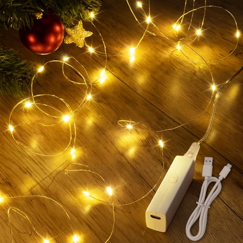 Aufladbar Lichterkette, Micro Lichterkette Batterie 5m 50LEDs Innen Außen Draht Silberdraht Klein Akku 8 Programm mit Timer DIY für Party Tüllrock Weihnachten Beleuchtung Deko Halloween Schlafzimmer von AUZONIMICS