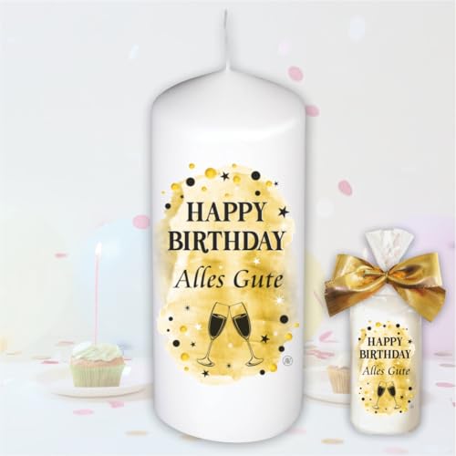 Geburtstagskerze Stumpenkerze - Happy Birthday, Alles Gute - Für Dich | moderne Motive auf Tattoofoliein Gold | Geschenkfolie und goldener Schleife | Kerze in Geschenkverpackung von AV Andrea Verlag