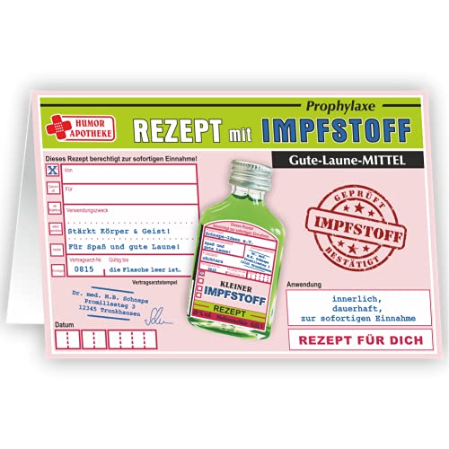 Glückwunschkarte - Klappkarte Kleiner Impfstoff mit Pfefferminzlikör - 2cl 20% alk. mit Rezeptkarte Rezept Grußkarte | Spaßmedizin Humormedizin Humorapotheke von AV Andrea Verlag