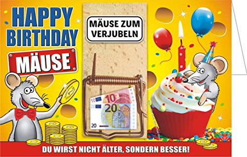 Mausefalle als Geldgeschenk mit Klappkarte Geburtstagskarte Grußkarte kleine zum Geburtstag Hobby Reise Shoppen Urlaub Hochzeitsgeschenk Mäuse Geld Kohle für einen besonderen Anlass lustig originell Qualität Auto Motorrad Roller Baumarkt Gutschein Klapp Karte (Happy Birthday Mäuse 22201) von AV Andrea Verlag