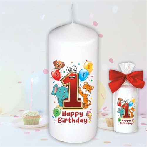 Stumpenkerze - Geburtstagskerze zum 1. Geburtstag, Happy Birthday - Motive auf Tattoofolie | Geschenkfolie und Schleife | Kerze mit Geburtstagszahl Zahl in Geschenkverpackung zum Kindergeburtstag von AV Andrea Verlag