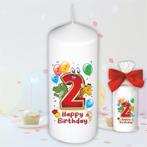 Stumpenkerze - Geburtstagskerze zum 2. Geburtstag, Happy Birthday - Motive auf Tattoofolie | Geschenkfolie und Schleife | Kerze mit Geburtstagszahl Zahl in Geschenkverpackung zum Kindergeburtstag Stumpenkerze - Geburtstagskerze zum 2. Geburtstag, Happy Birthday - Motive auf Tattoofolie | Geschenkfolie und Schleife | Kerze mit Geburtstagszahl Zahl in Geschenkverpackung zum Kindergeburtstag von AV Andrea Verlag