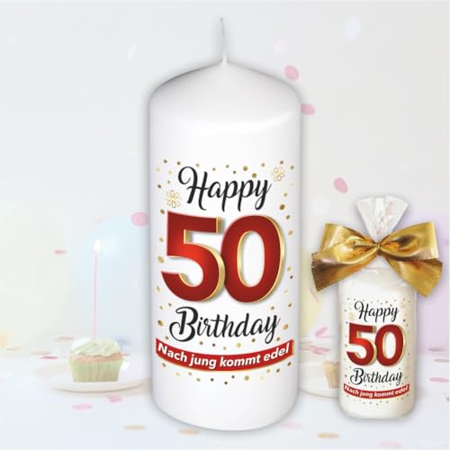 Stumpenkerze - Geburtstagskerze zum 50. Geburtstag, Happy Birthday - Für Dich | Motive auf Tattoofolie | Geschenkfolie und goldener Schleife | Kerze mit Geburtstagszahl Zahl in Geschenkverpackung Stumpenkerze - Geburtstagskerze zum 50. Geburtstag, Happy Birthday - Für Dich | Motive auf Tattoofolie | Geschenkfolie und goldener Schleife | Kerze mit Geburtstagszahl Zahl in Geschenkverpackung von AV Andrea Verlag