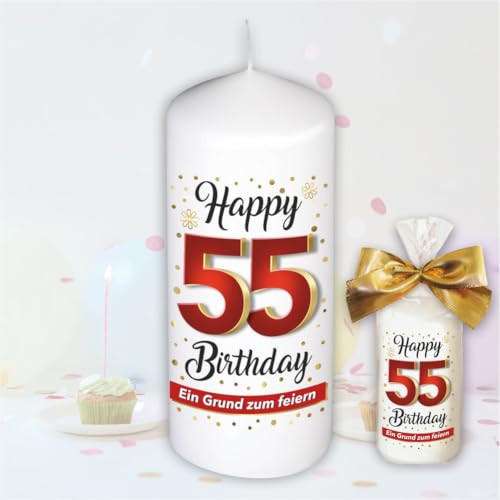 Stumpenkerze - Geburtstagskerze zum 55. Geburtstag, Happy Birthday - Für Dich | Motive auf Tattoofolie | Geschenkfolie und goldener Schleife | Kerze mit Geburtstagszahl Zahl in Geschenkverpackung Stumpenkerze - Geburtstagskerze zum 55. Geburtstag, Happy Birthday - Für Dich | Motive auf Tattoofolie | Geschenkfolie und goldener Schleife | Kerze mit Geburtstagszahl Zahl in Geschenkverpackung von AV Andrea Verlag