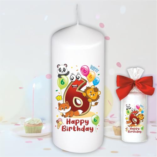 Stumpenkerze - Geburtstagskerze zum 6. Geburtstag, Happy Birthday - Motive auf Tattoofolie | Geschenkfolie und Schleife | Kerze mit Geburtstagszahl Zahl in Geschenkverpackung zum Kindergeburtstag Stumpenkerze - Geburtstagskerze zum 6. Geburtstag, Happy Birthday - Motive auf Tattoofolie | Geschenkfolie und Schleife | Kerze mit Geburtstagszahl Zahl in Geschenkverpackung zum Kindergeburtstag von AV Andrea Verlag