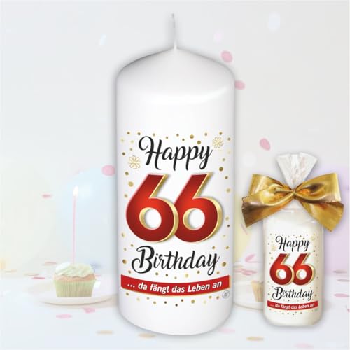 Stumpenkerze - Geburtstagskerze zum 66. Geburtstag, Happy Birthday - Für Dich | Motive auf Tattoofolie | Geschenkfolie und goldener Schleife | Kerze mit Geburtstagszahl Zahl in Geschenkverpackung Stumpenkerze - Geburtstagskerze zum 66. Geburtstag, Happy Birthday - Für Dich | Motive auf Tattoofolie | Geschenkfolie und goldener Schleife | Kerze mit Geburtstagszahl Zahl in Geschenkverpackung von AV Andrea Verlag