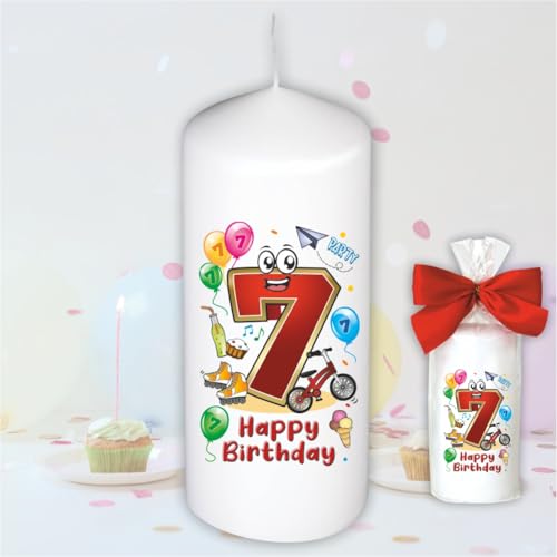 Stumpenkerze - Geburtstagskerze zum 7. Geburtstag, Happy Birthday - Motive auf Tattoofolie | Geschenkfolie und Schleife | Kerze mit Geburtstagszahl Zahl in Geschenkverpackung zum Kindergeburtstag von AV Andrea Verlag